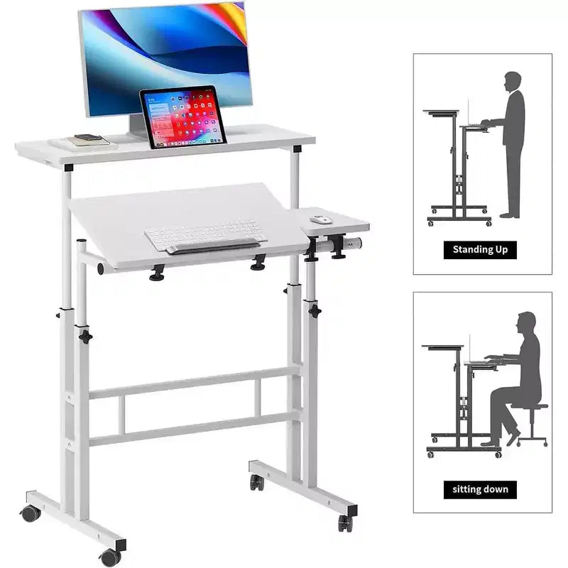 Height-Adjustable Standing Desk with Wheels, Mobile Sit-Stand Laptop Table with Tilting Top
