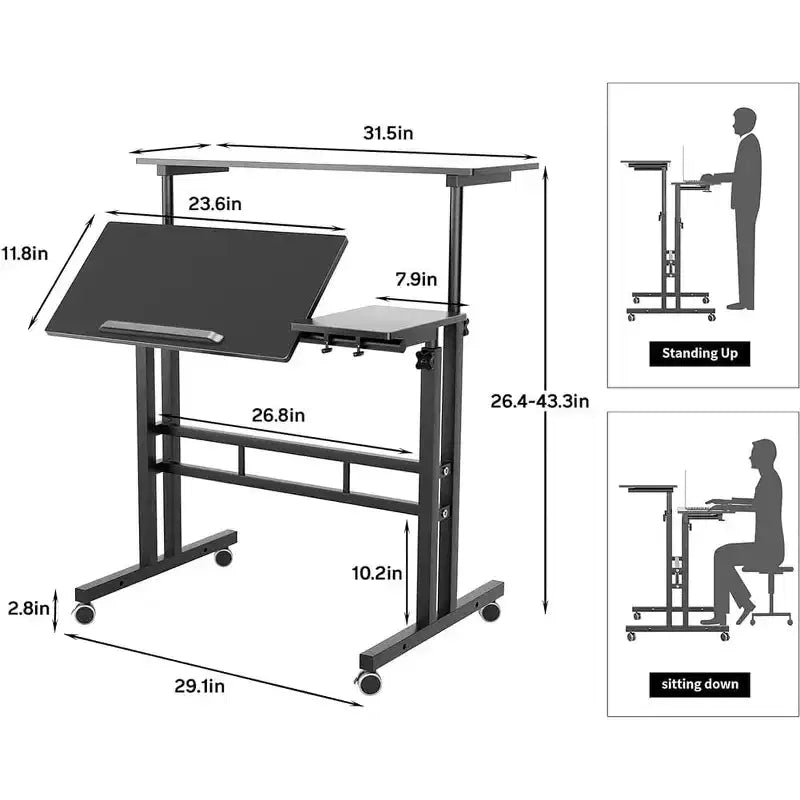 Height-Adjustable Standing Desk with Wheels, Mobile Sit-Stand Laptop Table with Tilting Top