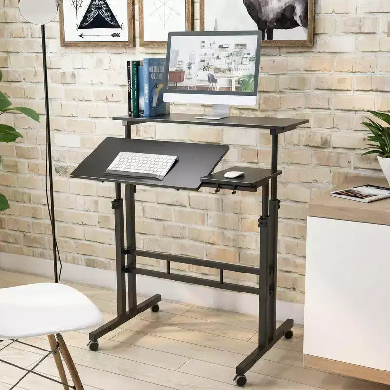 Height-Adjustable Standing Desk with Wheels, Mobile Sit-Stand Laptop Table with Tilting Top