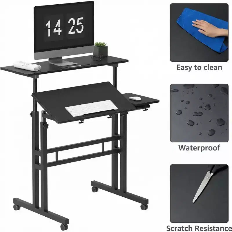 Height-Adjustable Standing Desk with Wheels, Mobile Sit-Stand Laptop Table with Tilting Top