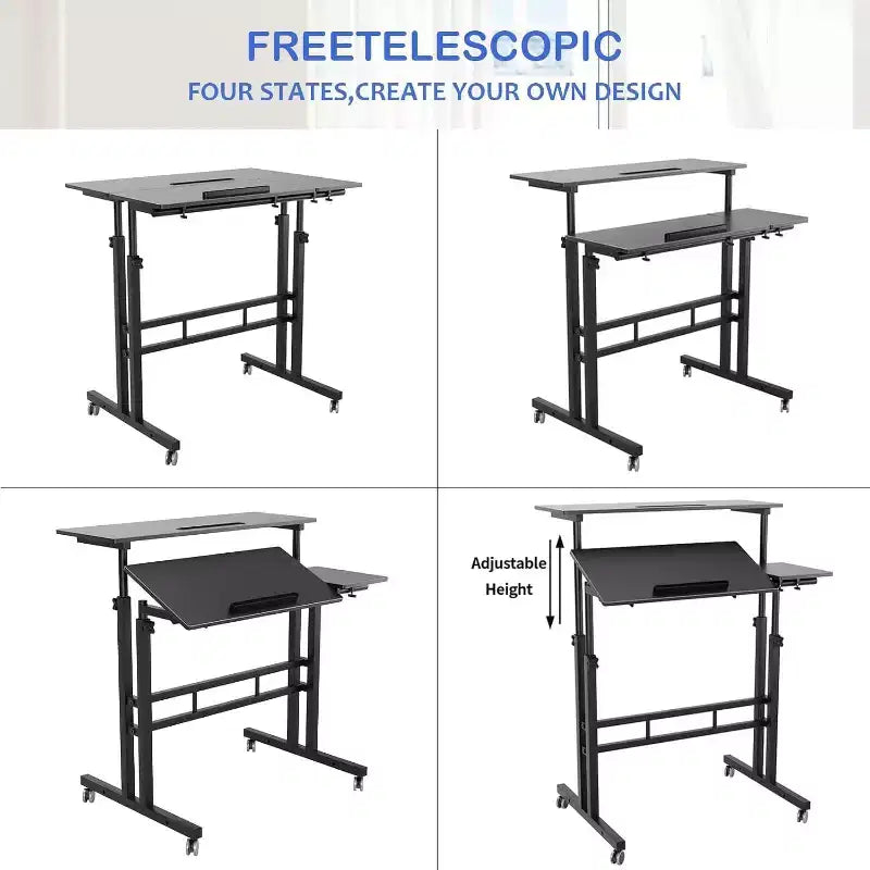 Height-Adjustable Standing Desk with Wheels, Mobile Sit-Stand Laptop Table with Tilting Top