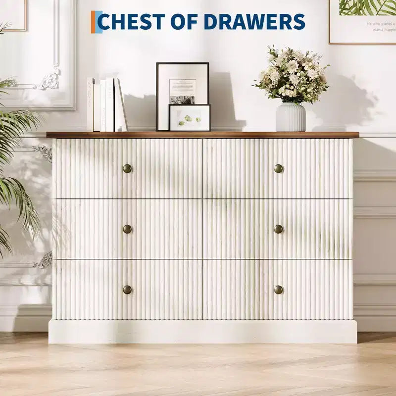 6 Drawer Dresser for Bedroom  Horizontal Chest with Fluted Panel Design, Small Space Storage for Clothing  White/Brown