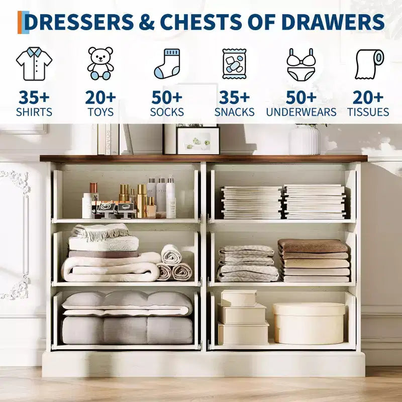 6 Drawer Dresser for Bedroom  Horizontal Chest with Fluted Panel Design, Small Space Storage for Clothing  White/Brown