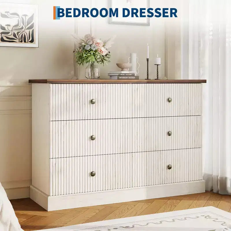 6 Drawer Dresser for Bedroom  Horizontal Chest with Fluted Panel Design, Small Space Storage for Clothing  White/Brown