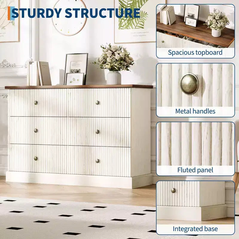 6 Drawer Dresser for Bedroom  Horizontal Chest with Fluted Panel Design, Small Space Storage for Clothing  White/Brown